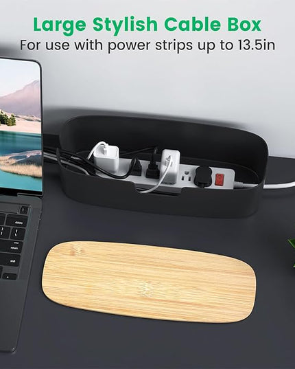 Large Cable Management Box - Cord Organize Box with Bamboo lid for Safe Home & Office, Cord Hider for Power Strip Under Desk, Cover TV Wires, Child & Pet Proof Cord Box, Black