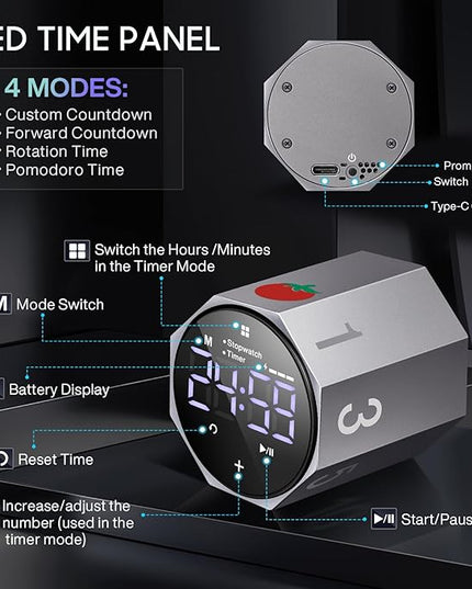 Digital Pomodoro Timer,Frosted Metal Productivity Cube Timer,1.8 in LED Digital Large Screen and Auto-Rotating Display,1/3/5/10/25/30/60min & Custom Time, Silent & Alarm,for Office, Study, Work(Grey)