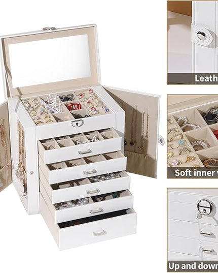 BOOVO Jewelry Box For women, 6 Layer Large Jewelry Organizer With Mirror, Multi-Function Storage Box With Lock, Accessory Holder With 5 Drawers, For Earrings Necklace Ring Bracelet (White)