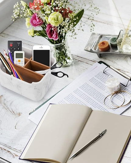 SZYRL Desk Organizer, Marble Remote Holder for Table, Modern Office Controller Pen Phone Holder Organizer, Stylish Caddy and Storage Accessories for Bedside Nightstand Desktop Coffee Table