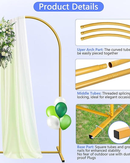 6 ft Arch Backdrop Stand, Wedding Arch Frame, Stable Metal Background Stand with Square Base Ground Nails, for Birthday Party Baby Shower Garland Decoration, Gold