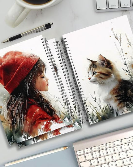 Spiral Journal Notebook for Women & Men,B5 Artistic Spiral Notebook: Orange & Black Cat with Little girl with red hat- Botanical Garden Edition