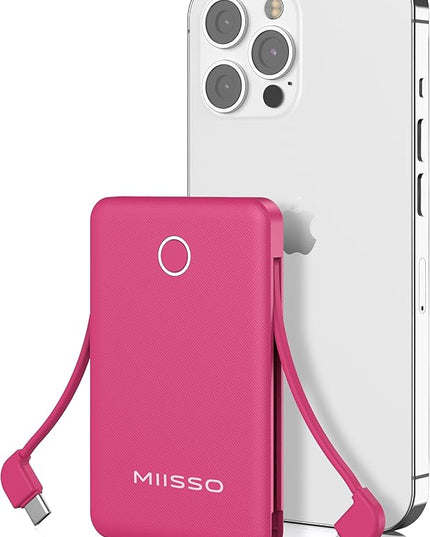 miisso 6000mah Ultra Slim Built in Cables Power Bank, Card Size Built in USB C Cords Battery Pack Portable Charger for Phones, 3 Output External Battery Pack Compatible with iPhone, Plum Red