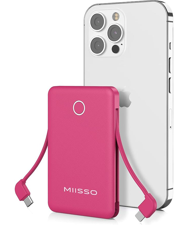 miisso 6000mah Ultra Slim Built in Cables Power Bank, Card Size Built in USB C Cords Battery Pack Portable Charger for Phones, 3 Output External Battery Pack Compatible with iPhone, Plum Red