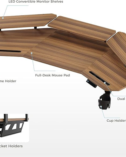 EUREKA ERGONOMIC Standing Gaming Desk with Dual Motor,63" Wing Shaped Computer Desk w Mouse Pad, Electric Adjustable Height Table w LED Monitor Stands,Slot Design,Walnut