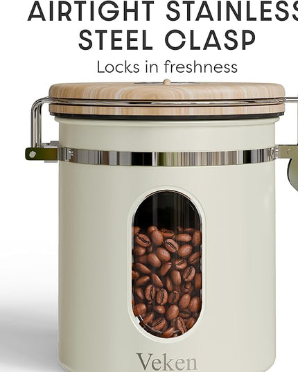 Veken Coffee Sugar Canister with Window, Airtight Stainless Steel Kitchen Food Storage Container with Lids, Date Tracker and Scoop for Grounds Coffee, Beans, Tea, Flour, Cereal Jars, 16OZ, Cream