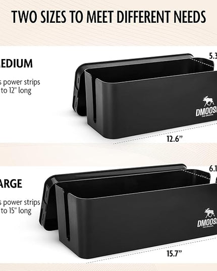 DMoose Cable Management Box - 2 Pack Medium & Large Cord Organizer for Desk & Floor, Cable Organizer Box for Child & Pet - Hider for Tidy Office & Home (Wood Print Lid, Black, Pack of 2)