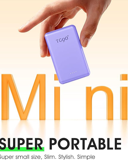 TG90° 2 Pack 5000mAh Power Bank,Small Portable Charge Built-in AC Plug and Cables,Pocket Size USB C External Battery Pack Compatible with iPhone 17 16 15 14 13 12 Samsung Google iPad,White & Purple