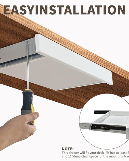 Under Desk Mounted Sliding Drawer to pull out, Attachable Desk Pencil Drawer Ball-Bearing Slides (White)