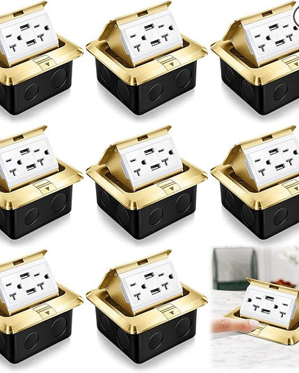 Hoolerry 8 Pack Pop up Floor Electrical Outlet Cover Box Kit with 4.8A USB Charger 20Amp Waterproof Weatherproof Floor Tamper Resistant Outlet Receptacle for Countertop Home (Gold)