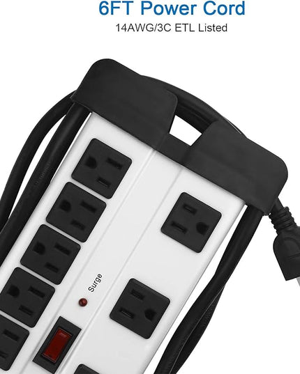 Heavy Duty Surge Protector for Appliances, 8 Outlet Workshop Power Strip with 1200 Joules, Metal with 6FT Extension Cord and Wide Spaced. Grey