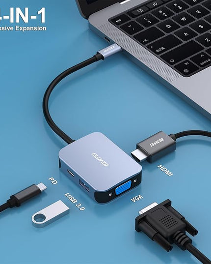 BENFEI USB C HUB 4-in-1, USB Type-C to HDMI VGA Adapter, USB C to USB Adapter, USB Type-C Power Delivery, Compatible with iPhone 15 Pro/Max, MacBook Pro/Air 2023, iPad Pro, iMac, S23, XPS 17
