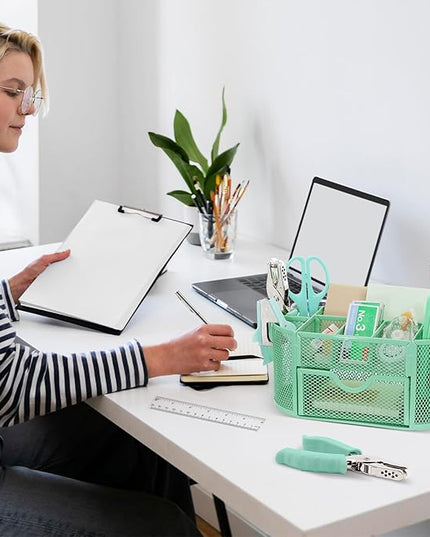 17 in 1 Green Desk Organizers and Accessories Set, 3 Office Desk Supplies Storage Organization, 4 Pens, Stapler, Staples & Remover, Tape & Dispenser, Scissors, Ruler, Clips, Hole Punch, Back to School