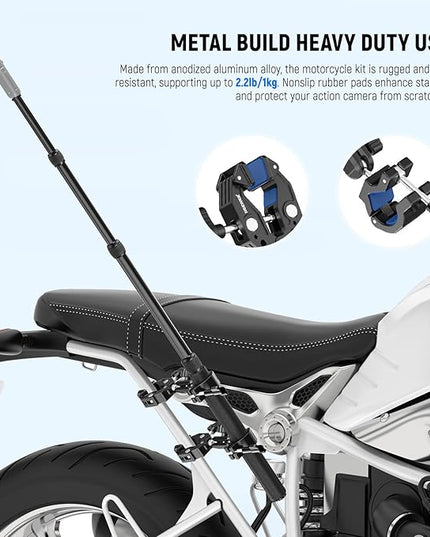 NEEWER Motorcycle Camera Mount Kit, Bicycle Handlebar Invisible Selfie Stick, 360° Ball Heads, Super Clamps & Cleaning Cloth, Compatible with GoPro Insta360 DJI AKASO Action Cam Video Recording, GP-30