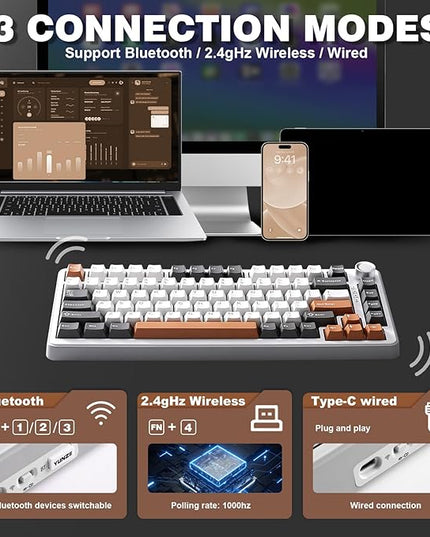 YUNZII B75 PRO Wireless Mechanical Keyboard,75% Layout with Knob,Hot Swap Gasket Custom Structure,Creamy Pre-lubed Switches,RGB Backlit,Bluetooth/Type-C/2.4G for Win/Mac(Milk Switch,Grey)