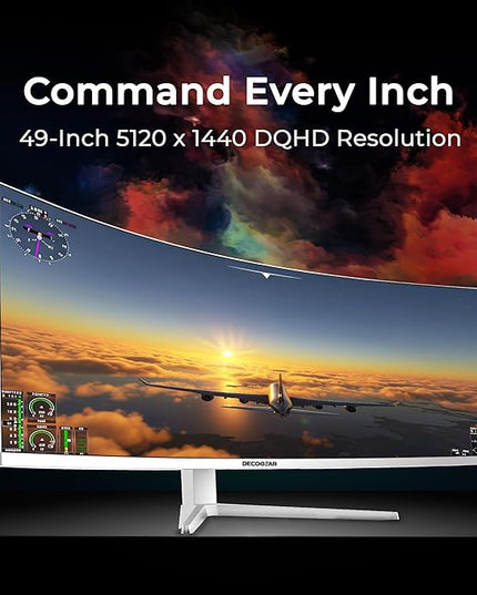 Deco Gear 49" Curved Ultrawide 5K Gaming Monitor, 32:9, 120 Hz, 101% NTSC 100% sRGB, USB-C 65W, Adjustable, Home Office and Entertainment Workstation - Exclusive White Edition