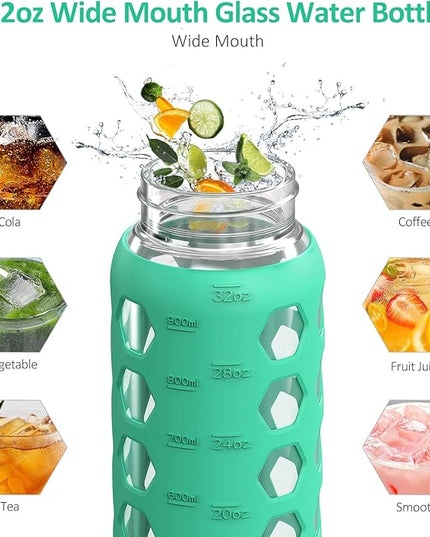 MUKOKO 32oz Glass Water Bottles with 2 Lids-Handle Spout Lid&Bamboo Straw Lid, Motivational Water Tumbler with Time Marker Reminder and Silicone Sleeve, Leakproof-Green-1 Pack