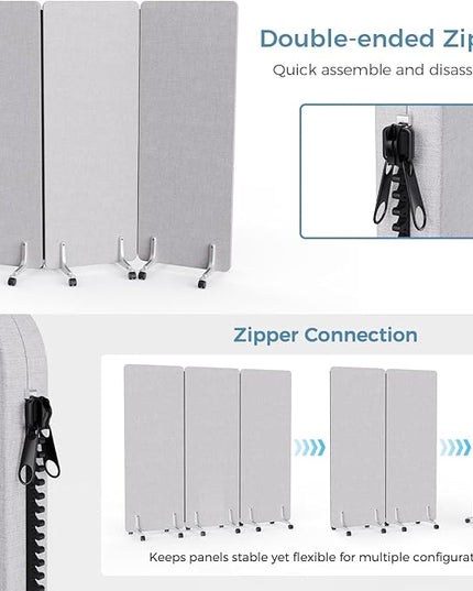 70.8" W x 63" H Freestanding Partition Room Dividers, Acoustic Panels with Wheels, 3 Soundproof Privacy Panels for Office, Reception Room, School, Hospital, Light Grey