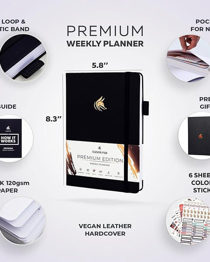 Clever Fox Planner Premium Edition – Undated Luxurious Weekly & Monthly Planner to Increase Productivity and Hit Your Goals – Organizer – Start Anytime, A5, Lasts 1 Year, Black (Weekly)