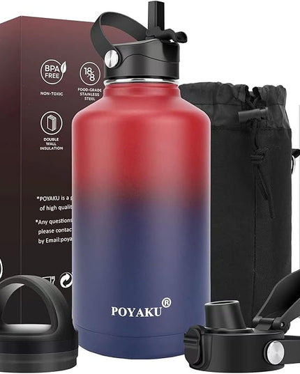 Water Bottle Insulated 32oz 40oz 64oz 128oz Straw Lid Spout Lid & 3 Lids, Leak Proof, Vacuum Insulated,Stainless Steel Water Bottle Wide Mouth for Sports, Gym or Office