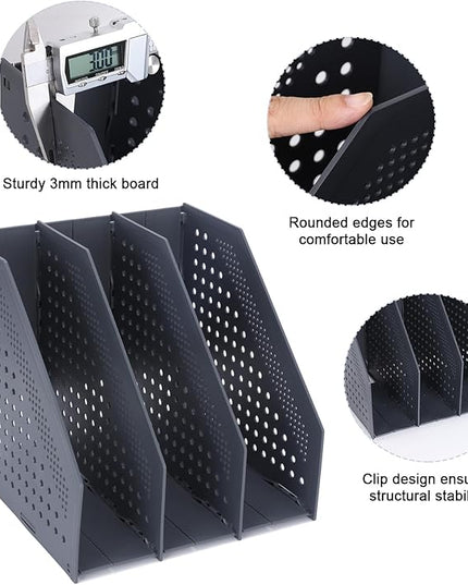 Collapsible Magazine File Holder with 3 Vertical Compartments Foldable Binder Holder for Desk Binder Storage Organizer Plastic Magazine Holders for Shelf, Dark Gray