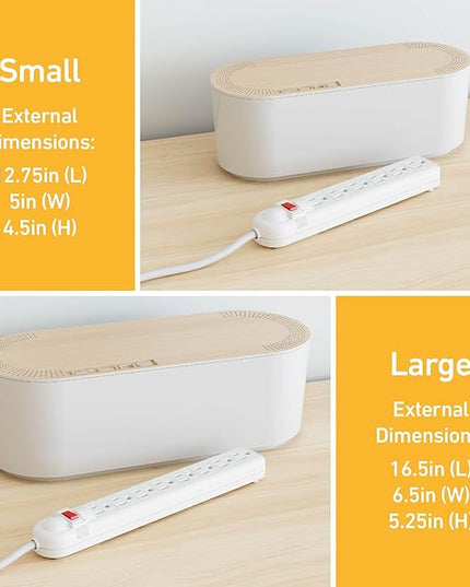 D-Line Cable Management Box, Power Strip Holder, Floor Outlet Hiders, Desk Cord Organizer, Cover TV Wires, Wire Storage, Extension Hider, Office Concealer for Cords - Small, Wood-Effect Lid
