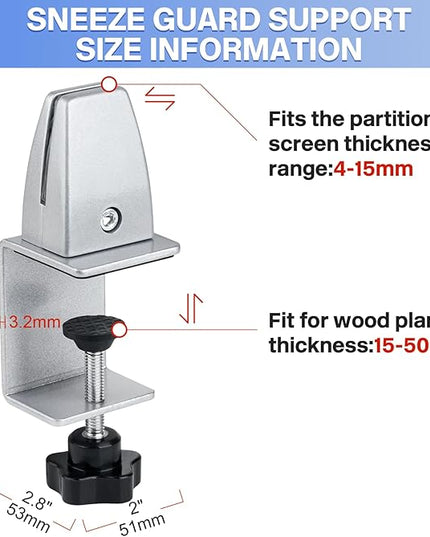 2 Packs Sneeze Guard Support, Aluminum Adjustable Partition Clamp, Acrylic Desk Divider Support, Desk Shield Clamp Privacy Panel for Counter