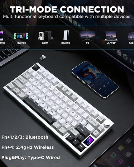 YUNZII AL80 Wireless Mechanical Keyboard,Full Aluminum CNC, Smart LCD Display,Hot Swappable Gasket Mount 75% Layout with Knob,BT/2.4G/USB-C,QMK/VIA Support for Win/Mac (Silver, Cocoa Cream V2 Switch)