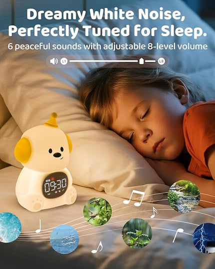 Dog Alarm Clock with Night Light for Kids with Sleep Training and Sound Machine, Rechargeable Silicone Lamp OK to Wake Clock，Cute Animal Tabletop Lamp, Perfect Sleep Companion for Boys Girls