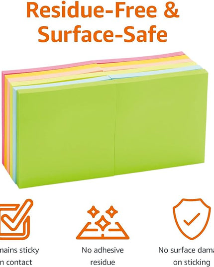 Amazon Basics Sticky Notes, 3x3 Inches, Assorted Colors Self-Stick Pads, Easy to Post for Home, Office, Notebook, 70 sheets/Pad, Pack of 12