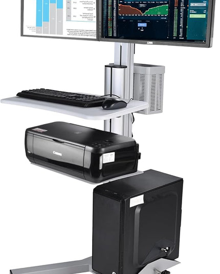Yescom Mobile Computer Cart Rolling PC Stand Desk Workstation Dual Monitor Mount with Wheels Adjustable Keyboard Tray CPU Printer Holder for Hospital Clinic School Office Silver