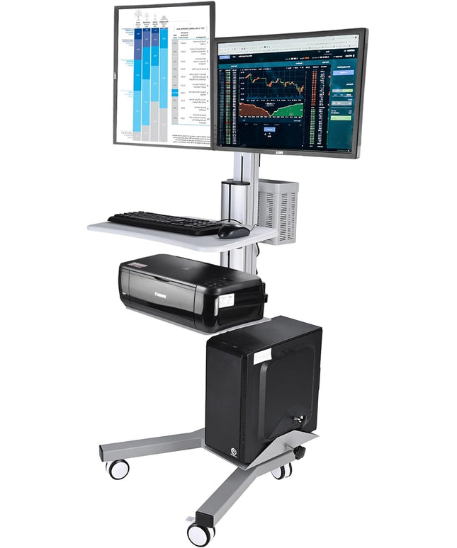 Yescom Mobile Computer Cart Rolling PC Stand Desk Workstation Dual Monitor Mount with Wheels Adjustable Keyboard Tray CPU Printer Holder for Hospital Clinic School Office Silver