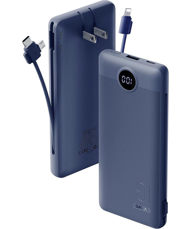 VRURC Portable Charger Built-in Cables and AC Wall Plug, USB C Power Bank 10000mAh, Travel Battery Portable Phone Charger Compact Lightweight External Battery Pack for Smart Phones, Tablets etc-Navy