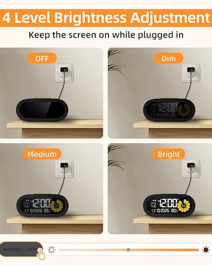 DOOMAY Digital Alarm Clock for Bedroom: Dual Alarm Bedside Clock VA LCD Display with Seconds, 9-Minute Snooze and Weekend Mode, 3 Brightness, 4 Alarms and 3 Volume Levels，Type C & Battery Included