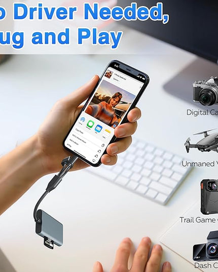 4-in-1 Metal Memory Stick Pro Duo Adapter, Triple Interface Lightning/USB-C/USB-A Card Reader for SD/Micro SD/MS/xD-Picture Card, High-Speed 480Mbps Photo Video File Transfer for iPhone iPad PC