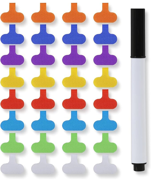 32 Pcs Cord Labels for Electronics with Pen, Write-On Cable Labels Tags with Self-Adhesive Hook and Loop, Multi-Color Wire Markers for Computer Cable Management and Identification 8 Colors