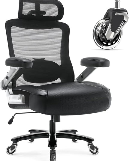 Big and Tall Office Chair 600lbs with 3D Flip Arms Adjustable Headrest - Heavy Duty Large Wheels Executive Computer Desk Chair, Ergonomic Lumbar Support Mesh High Back Plus Size Chair for Adults