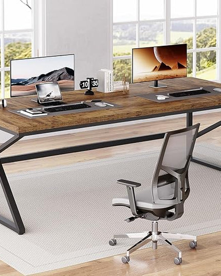 HSH Large Rustic Brown Computer Desk, 78 Inch Extra Long Metal Wood Desk for Home Office, Two Person Executive Writing Study Gaming Desk Table, Bedroom Living Room PC Laptop Dual Monitor Desk