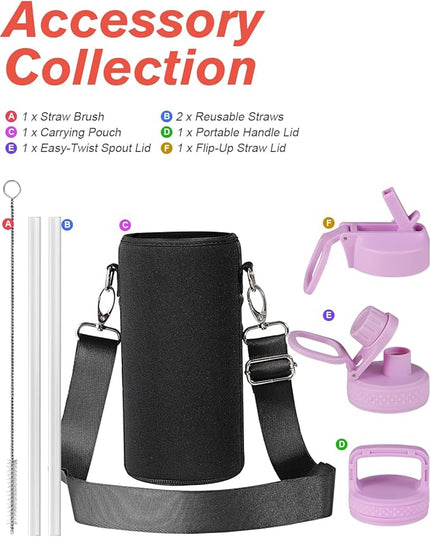 Coolflask Water Bottle 32 oz Insulated with Straw, Stainless Steel Metal 3 Lids Water Flask Wide Mouth for Sports or Office, Non-BPA Keep Cold Up to 48 Hrs or Hot Up to 24 Hrs, Pink