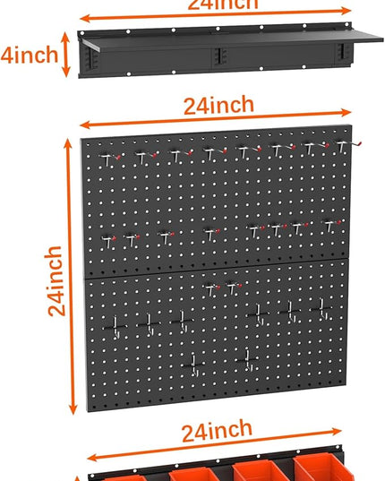 TORACK Garage Metal Pegboard with Accessories, Tools Organizer Peg Board with Pegboard Hooks, Wall Mounted Bins, Tool Storage Pegboards for Wall(Black)