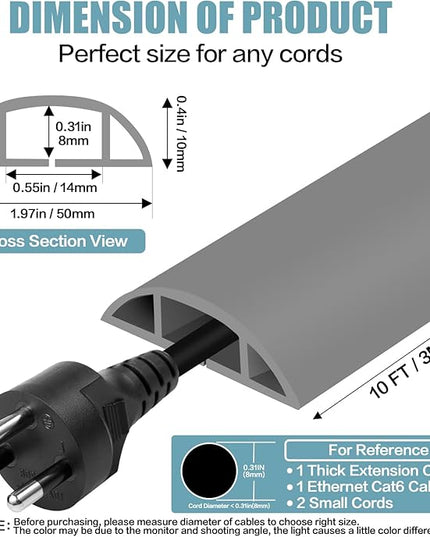 Floor Cord Cover Self Adhesive Cord Hider,10FT Cable Management, Extension Strip Protector for Wires, Prevent Cable Trips for Offices, Gyms, Exhibitions Cavity:0.47"(W) x 0.35"(H) Gray