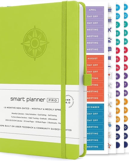 Smart Planner Pro – Undated Daily Planner – Small A5 – Achieve Goals & Increase Productivity – Weekly, Monthly, Work Sections, Organizer Diary with Back Pocket, 3 Satin Bookmarks & Pen Holder