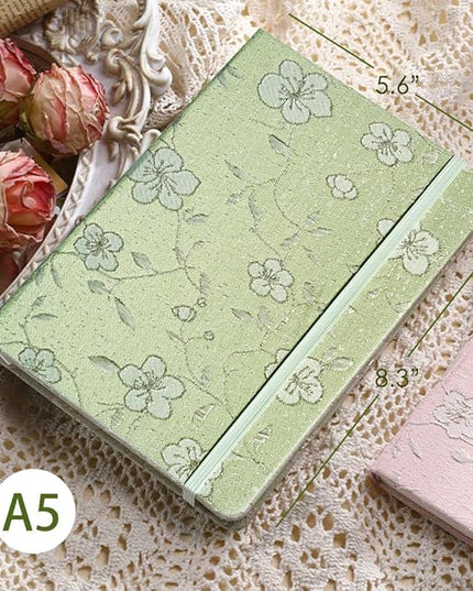 A5 Notebook, Ruled Paper, Lined Page, Hardcover, Layflat, Linen Cover, Flower Fabric, Journal for Women, Elastic Band Closure, Cute Notebooks for School, Office, Personal Writing, Green