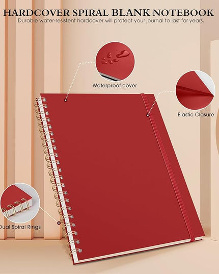 Blank Spiral Notebook Journal 8.5” x 11”, A4 Large Sketch Book for Women Men, 100 GSM Blank Paper Drawing Notebook, Plastic Hardcover Spiral Bound Sketchbook for Sketching Work School Writing, Red