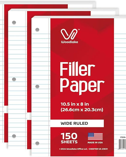 Woodlake Loose Leaf Paper, Wide Ruled Notebook Paper, 8 x 10.5”, 150 Sheets per Pack, 3 Pack Bulk Lined Filler Paper, 3 Hole Punched, 60gsm, Made in USA