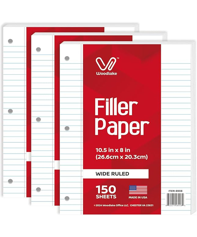 Woodlake Loose Leaf Paper, Wide Ruled Notebook Paper, 8 x 10.5”, 150 Sheets per Pack, 3 Pack Bulk Lined Filler Paper, 3 Hole Punched, 60gsm, Made in USA