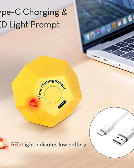 Mini 12 Sided Cube Timer, 11 Preset Times Pomodoro Timer for Enhanced Productivity. Ideal for ADHD Management, Workout, Study & Kitchen Cooking. Easy to Use (Yellow)