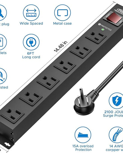 CRST 6 Outlet Heavy Duty Power Strip with Switch, 15A/1875W Metal Mountable Power Strip Surge Protector 2100Joules, Wide Spaced Power Bar for Garage Worshop Home School, 6 FT Cord