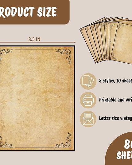 Tlenpo Stationery Vintage Antique Design Printing Writing Papers 8.5 x 11 in, 80 Sheets, Old Age Printer Papers, Retro Painted Border Letterhead, Double Sided Printing Paper, 8 Designs