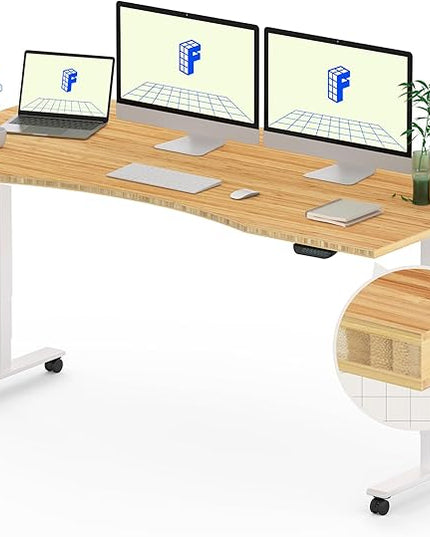 FLEXISPOT E6 MAX Bamboo 60x30 Inch Dual Motor 3-Stage Heavy Duty Standing Desk, 330lbs Weight Capacity, Height Adjustable Desk w/Cable Management & Wheels (Solid Bamboo Curved Desktop + White Frame)
